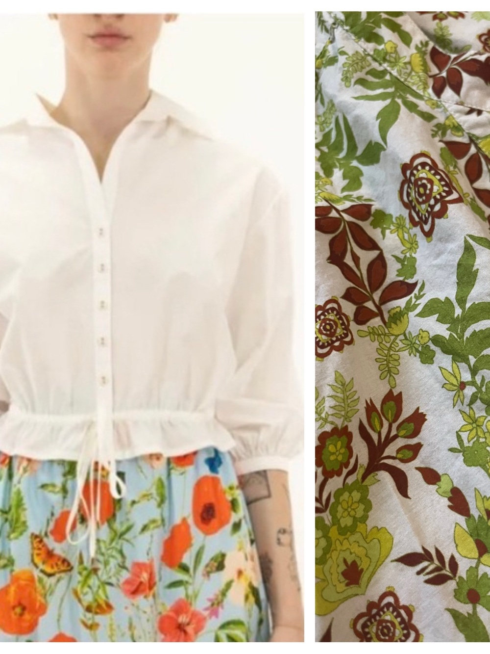Cara Cara Perrin green brown geometric floral crop blouse button down S